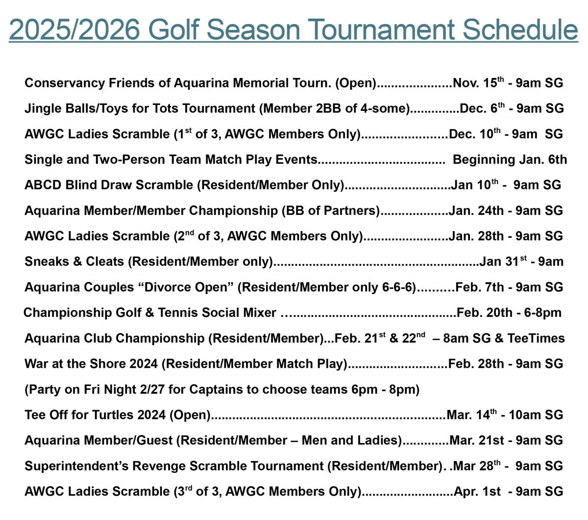 Golf Tournament Schedule 2025-2026